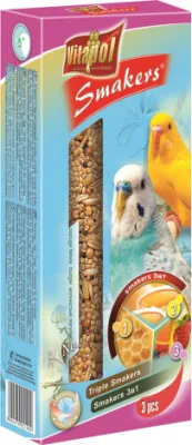 STANDARD Smakers 3in1(egg/honey/fruit) for budgie 3pcs 130g - Vitapol nūjiņas ar medu/ ar olu/ ar augļiem 3in1viļņainajiem papagaiļiem