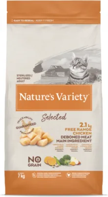 Nature's Variety Cat Selected Sterilized Free Range Chicken 7Kg - sausā barība ar brīvi turētu vistu pieaugušiem sterilizētiem kaķiem