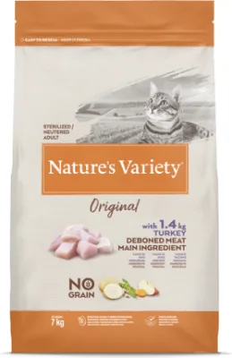 Nature's Variety Cat Original No Grain Sterilized Turkey 7kg - bezgraudu sausā barība ar tītaru pieaugušiem sterilizētiem kaķiem