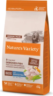 Nature's Variety Dog Healthy Grain Adult Med/Maxi White Fish 12kg - pilnvērtīga barība pieaugušiem vidējo/lielo šķirņu suņiem, ar veselīgiem graudiem un balto zivi