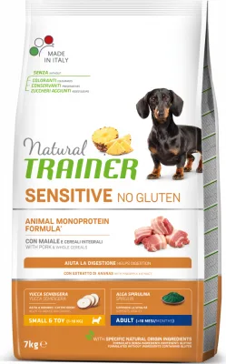 NT DOG SENSITIVE NO GLUTEN ADULT MINI PORK 7 KG - pilnvertīga bezglutēna sausā barība ar cūkgaļu pieaugušiem mazo šķirņu suņiem