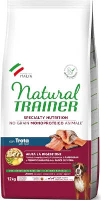 NATURAL TRAINER DOG NO GRAIN MONOPROTEICO ANIMALE ADULT MEDIUM/MAXI TROUT 12 KG - pilnvērtīga un sabalansēta barība pieaugušiem vidēja un liela izmēra suņiem (>11 kg)