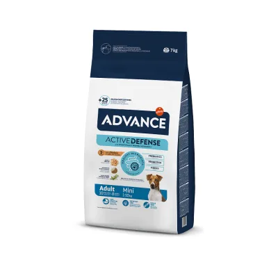 Advance dog mini adult 7kg - pilnvērtīga un sabalansēta sausa barība mazo šķirņu pieaugušiem suņiem (svars līdz 10 kg). Ar vistu un rīsiem.