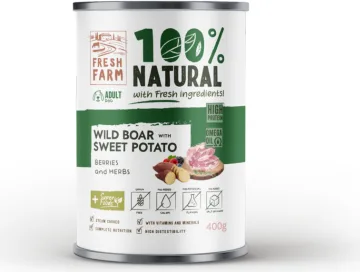 Prefera PF Fresh Farm DOG Coarse pate wild boar, sweet potato, berries & herbs 400 gr - pilnvērtīga mitrā barība, rupjas konsistences pastēte, mežacūkas gaļa, saldie kartupeli, ogas un garšaugi 400 g.
