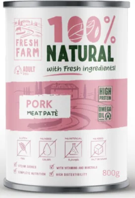 PREFERA Fresh Farm Dog Smooth pate with pork 800 gr - pilnvērtīga barība, pastētes veida konservi suņiem, ar cūkgaļu.