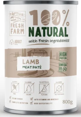 PREFERA Fresh Farm Dog Smooth pate with lamb 800 gr - pilnvērtīga barība, pastētes veida konservi suņiem, ar jēra gaļu.