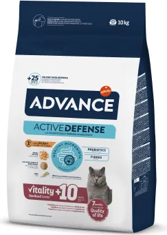 ADVANCE CAT STERILIZED SENIOR 10+ - pilnvērtīga un sabalansēta sausa barība sterilizētiem kaķiem no 10 gadu vecuma. Ar vistas gaļu un miežiem.