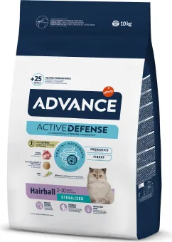 ADVANCE CAT STERILIZED HAIRBALL 10KG - Pilnvērtīga un sabalansēta augstvērtīga barība, kas īpaši paredzēta sterilizētiem pieaugušiem kaķiem