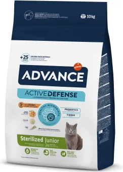ADVANCE CAT STERILIZED JUNIOR 10 kg - pilnvērtīga sausā barība, kas īpaši paredzēta sterilizētiem kaķiem (no sterilizācijas līdz 24 mēnešu vecumam). Ar vistu un rīsiem.