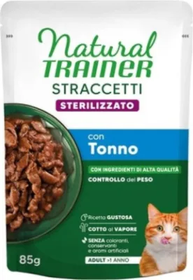 NATURAL TRAINER WET CAT STRACCETTI STERILIZED TUNA 85 G - mitrā pilnvērtīga barība pieaugušiem sterilizētiem kaķiem, gabaliņi ar tunci mercē. (28gb)