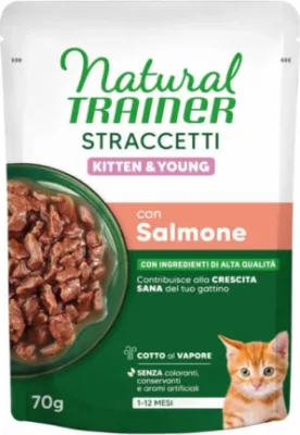 NATURAL TRAINER STRACCETTI KITTEN SALMON 70 G - konservi kaķēniem no 1 līdz 12 mēnešiem (28gb)