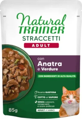 NATURAL TRAINER WET CAT ADULT DUCK 85 G - mitrā pilnvērtīga un sabalansēta barība pieaugušiem kaķiem, pīles gaļas gabaliņi mercē. (28gb)