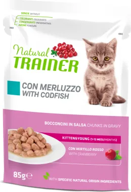 Natural Trainer Cat Kitten&Young with Codfish pilnvērtīgā konservēta barība kaķēniem (1 līdz 6 mēneši) ar mencu 85g