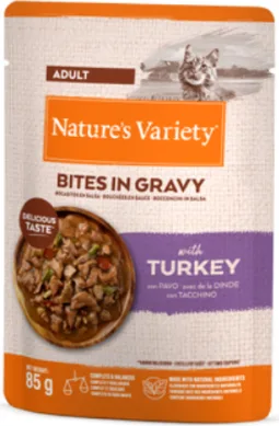 Nature's Vareity Cat Bites in Gravy with Turkey pilnvērtīga barība pieaugušiem kaķiem (tītars) 85g