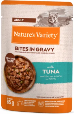 Nature's Variety Cat Bites in Gravy with Tuna pilnvētīga barība, konservi pieaugušiem kaķiem (tuncis) 85g
