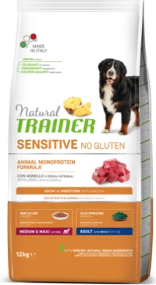 Natural Trainer Dog Sensitive No Gluten Medium/Maxi Adult Lamb pilnvērtīga bezglutēna barība pieaugušiem suņiem (jērs) 10+2kg