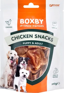 Boxby Chicken Snacks kaltēti vistas gaļas gabaliņi (pieaugušiem suņiem un kucēniem no 3 mēn.) 100g