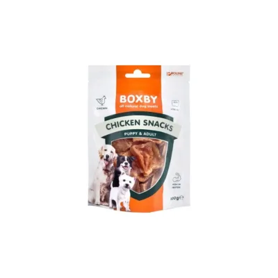 Boxby Chicken Snacks kaltēti vistas gaļas gabaliņi (pieaugušiem suņiem un kucēniem no 3 mēn.) 100g