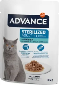 Advance Cat Sterilized Codfish 85gr - pilnvērtīga un sabalansēta mitrā barība, kas īpaši izstrādāta, lai apmierinātu sterilizētu pieaugušu kaķu vajadzības. Ar mencu.(12gb)