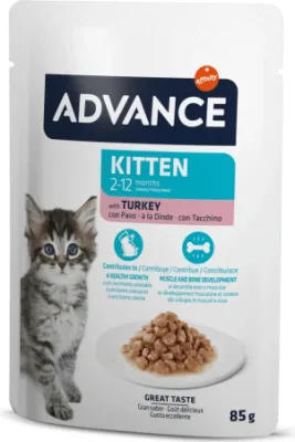 Advance Cat Kitten Turkey 85gr - pilnvērtīga un sabalansēta mitrā barības recepte, kas īpaši izstrādāta kaķēniem (2-12 mēneši), grūsnām un barojošām kaķenēm. Ar tītara gaļu.(12gb)
