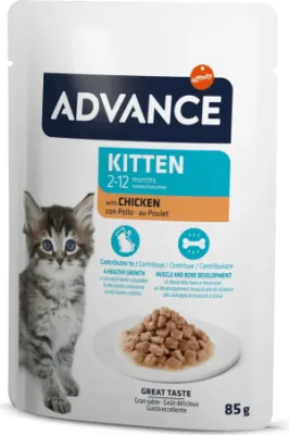 Advance Cat Kitten Chicken 85gr - pilnvērtīga un sabalansēta mitrā barības recepte, kas īpaši izstrādāta kaķēniem (2-12 mēneši), grūsnām un barojošām kaķenēm. Ar vistas gaļu. (12gb)
