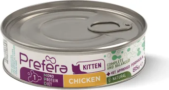 PF Fresh Farm CAT Prefera MPD Kitten chicken 85 gr - pilnvērtīga mitrā barība kaķēniem (2-12 mēneši), grūsnām un barojošām kaķenēm, monoproteīna barība ar vistas gaļu.