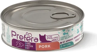 PF Fresh Farm CAT Prefera MPD Adult pork 85 gr - pilnvērtīga mitrā barība pieaugušiem kaķiem (arī sterelizētiem), monoproteīna barība ar cūkgaļu.