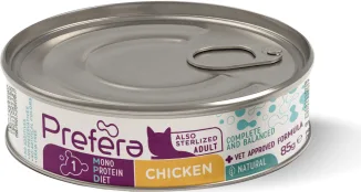 PF Fresh Farm CAT Prefera MPD Adult chicken 85 gr - pilnvērtīga mitrā barība pieaugušiem kaķiem (arī sterelizētiem), monoproteīna barība ar vistas gaļu.