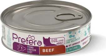 PF Fresh Farm CAT Prefera MPD Adult beef 85 gr - pilnvērtīga mitrā barība pieaugušiem kaķiem (arī sterelizētiem), monoproteīna barība ar liellopu gaļu.