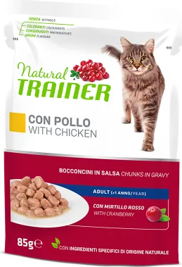 NATURAL TRAINER CAT CHICKEN 85G - pilnvērtīga barība pieaugušiem kaķiem, konservi gabaliņi želējā ar vistas gaļu un dzērveņu lapu ekstraktu.
