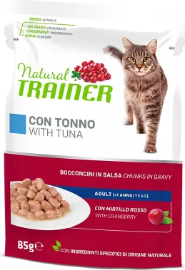 NATURAL TRAINER CAT TUNA 85G - pilnvērtīga barība pieaugušiem kaķiem, konservi gabaliņi želējā ar tunci, mājputnu gaļu un dzērveņu lapu ekstraktu.