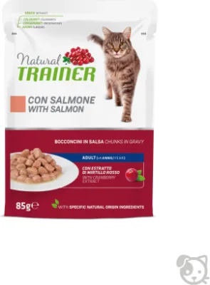 NATURAL TRAINER CAT SALMON 85G - pilnvērtīga barība pieaugušiem kaķiem, konservi gabaliņi želējā ar lasi, vistas gaļu un dzērveņu lapu ekstraktu.