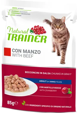 NATURAL TRAINER CAT BEEF 85G - pilnvērtīga barība pieaugušiem kaķiem, konservi gabaliņi želējā ar liellopu gaļu, vistas gaļu un dzērveņu lapu ekstraktu.