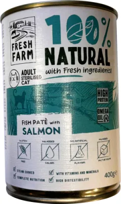 PREFERA Fresh Farm CAT Smooth pate with salmon & fish 400 gr - pilnvērtīga barība kaķiem, pastētes veida konservi kaķiem, ar lasi un zivīm.