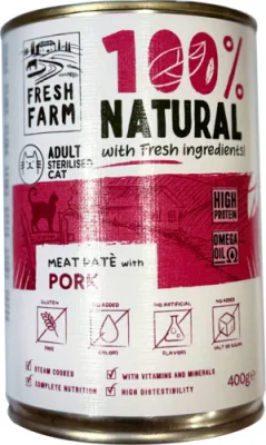 PREFERA Fresh Farm CAT Smooth pate with pork 400 gr - pilnvērtīga barība kaķiem, pastētes veida konservi kaķiem, ar cūkgaļu.
