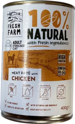 PREFERA Fresh Farm CAT Smooth pate with chicken 400 gr- pilnvērtīga barība kaķiem, pastētes veida konservi kaķiem, ar vistas gaļu.