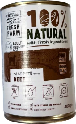 PREFERA Fresh Farm CAT Smooth pate with beef 400 gr - pilnvērtīga barība kaķiem, pastētes veida konservi kaķiem, ar liellopu gaļu