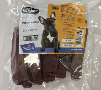 HAU & MIAU duck slices 500g - papildbarība pieaugušiem suņiem, pīles fileja