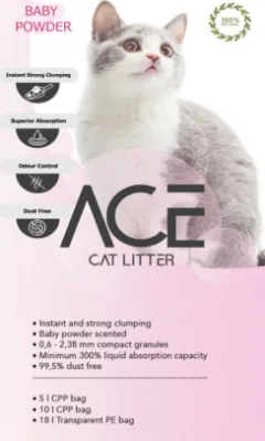 ACE Baby Powder CAT LITTER 5 LT - cementējošās smiltis kaķu tualetei ar bērnu pūderi 5 L